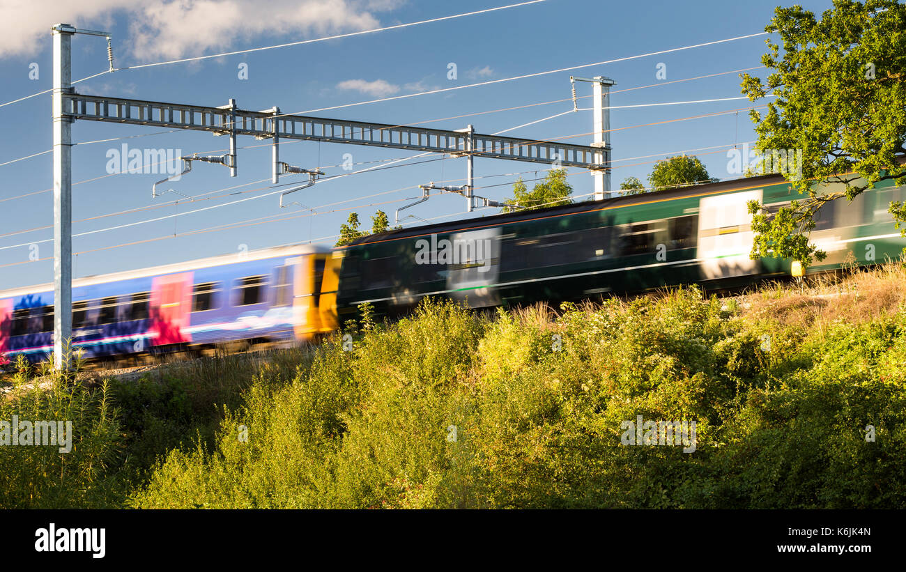 Reading, England, UK - August 29, 2016: Thames Turbo diesel multiple units at Goring in Berkshire, under new electrification equipment which will soon Stock Photo