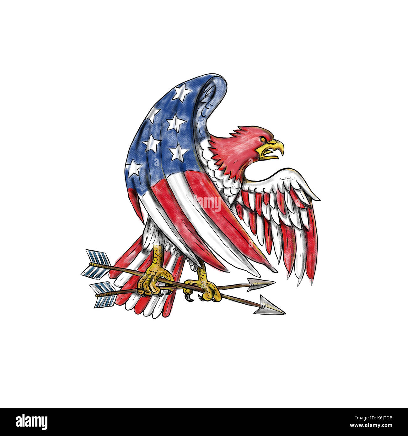 Tattoo style illustration of an American Bald Eagle with USA stars and stripes flag on body and wing clutching arrow on isolated background. Stock Photo