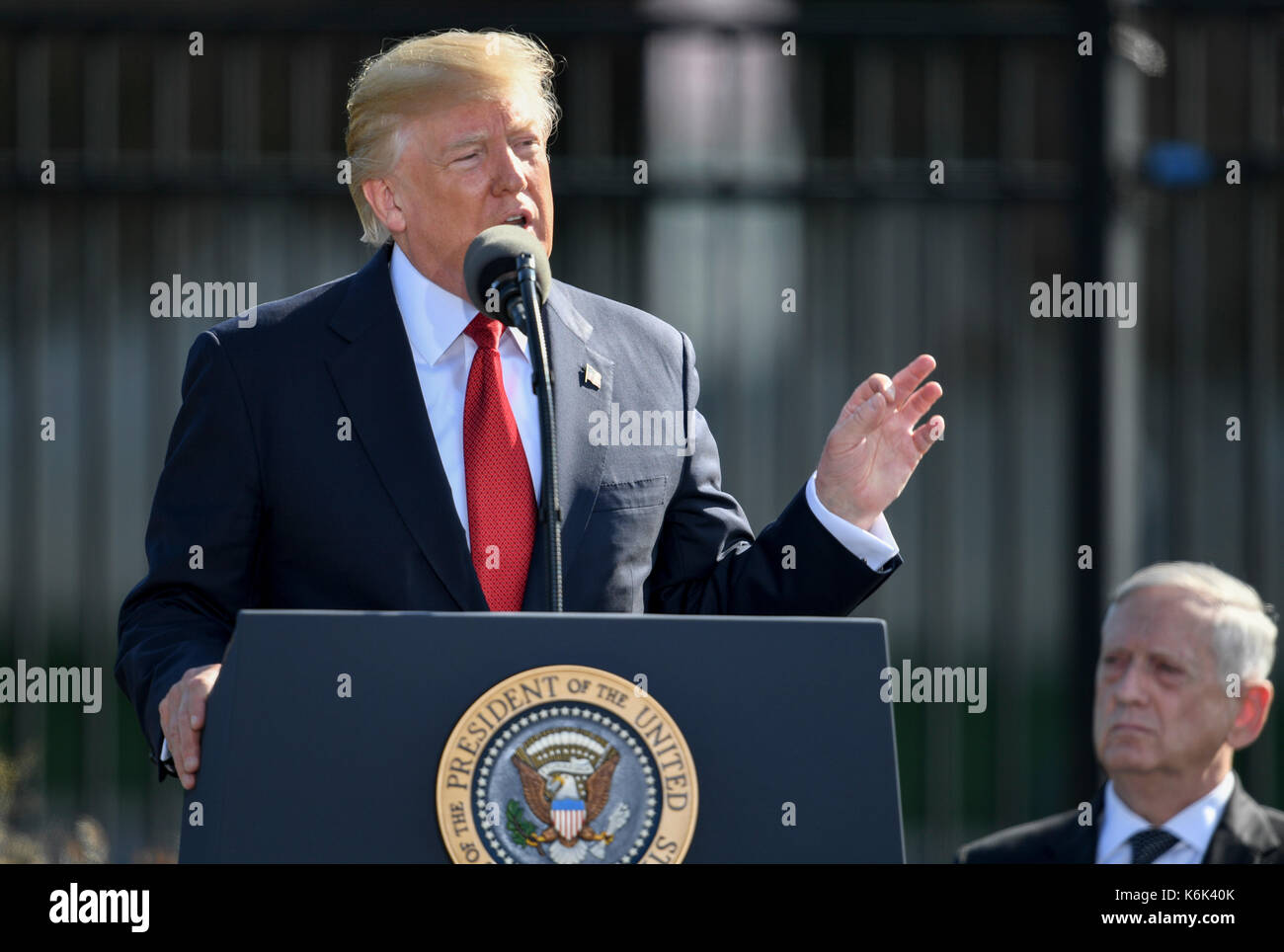President Donald Trump speaks during the 9/11 Observance Ceremony at the Pentagon in Washington, D.C., Sept. 11, 2017. Stock Photo