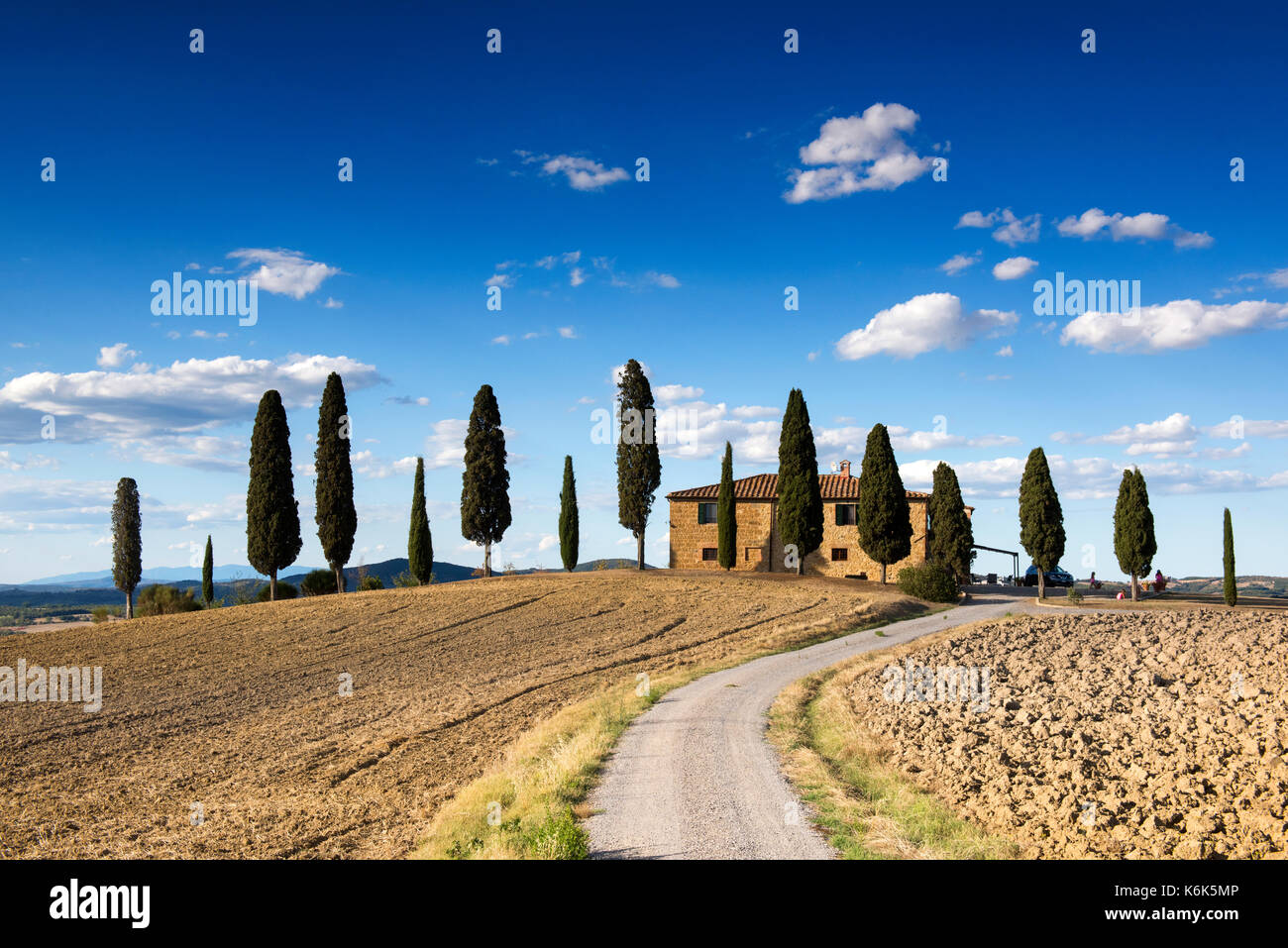 Farmhouse surrounded by Cypress Trees just outside of Pienza, Val d'Orcia in Tuscany Italy EU Stock Photo