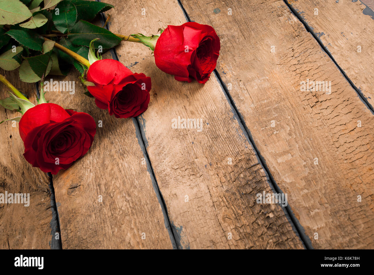 valentine's day three red roses on old wooden table Stock Photo