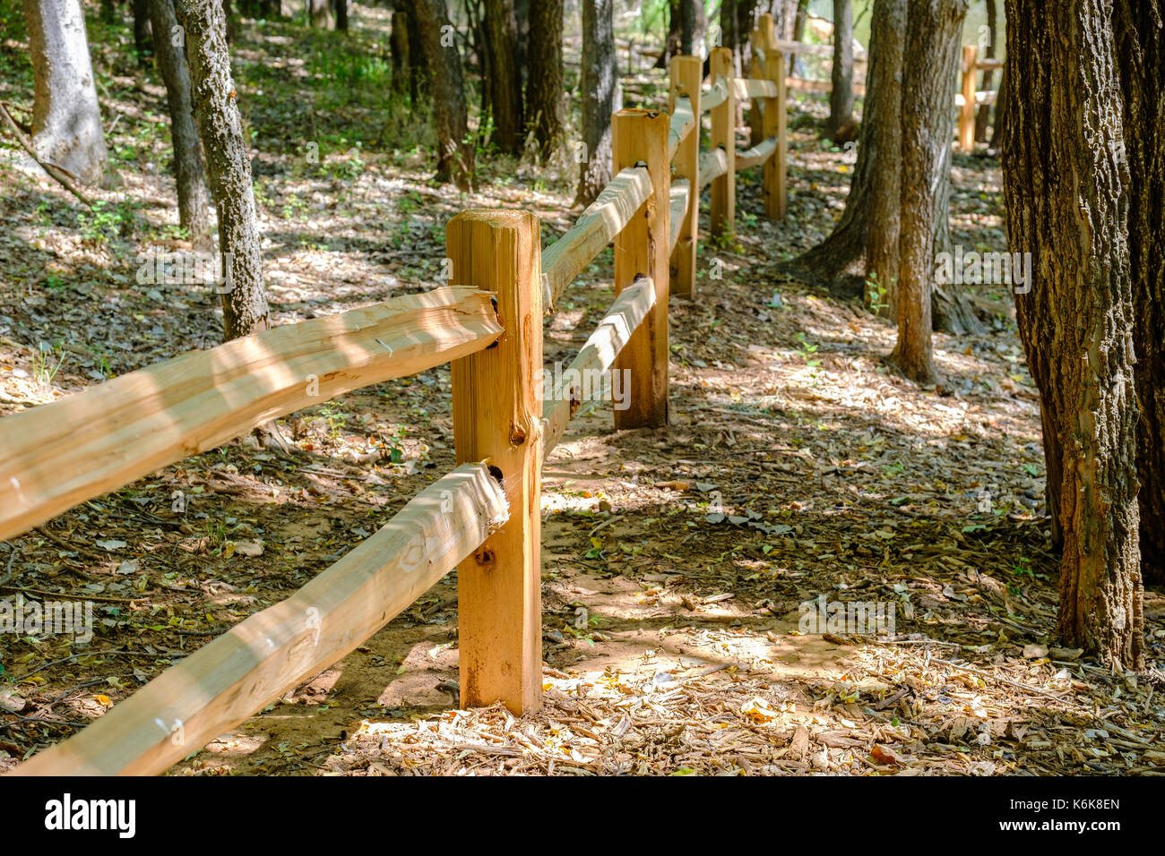 A new split rail fence inside Martin park nature center in Oklahoma City, Oklahoma, USA. Stock Photo