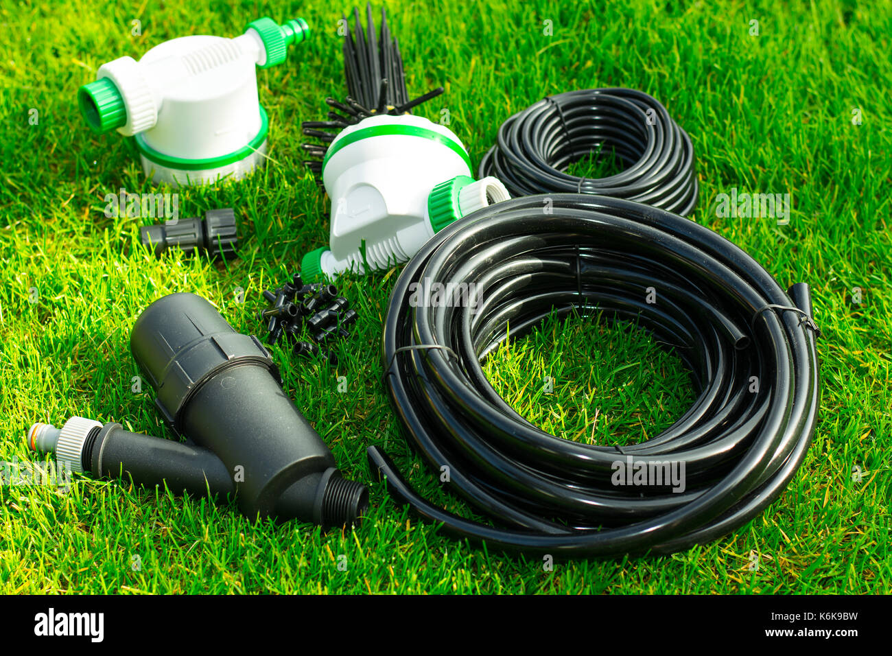 Automatic watering system for plants in beds. Studio Photo Stock Photo