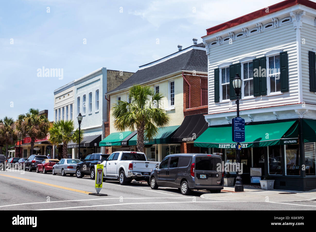 Beaufort South Carolina,historic Downtown,Bay Street,business district,businesses,stores,shops,street parking,SC170514024 Stock Photo
