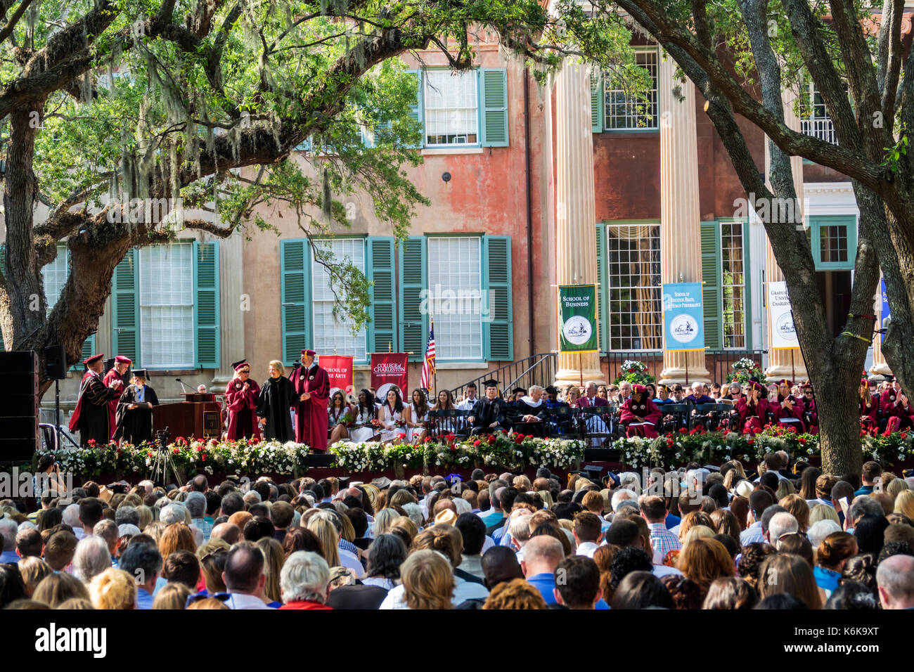 Charleston South Carolina,College of Charleston,university,Cistern Yard,graduation,ceremony,commencement,student students pupil crowd,audience,cap gow Stock Photo