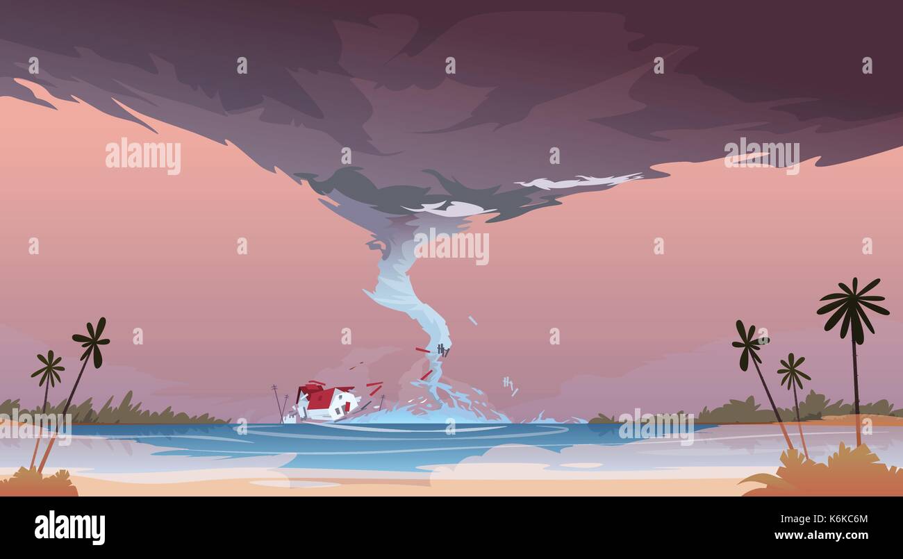 Tornado Incoming From Sea Hurricane In Ocean Beach Landscape Of Storm Waterspout Twister Natural Disaster Concept Stock Vector