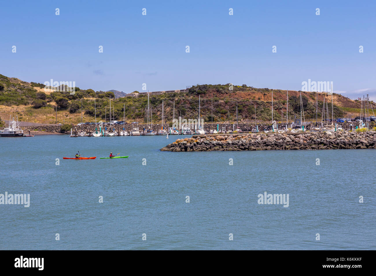 people, adult men, kayakers, kayaking, Fort Baker, city of Sausalito, Marin County, California, United States, North America Stock Photo