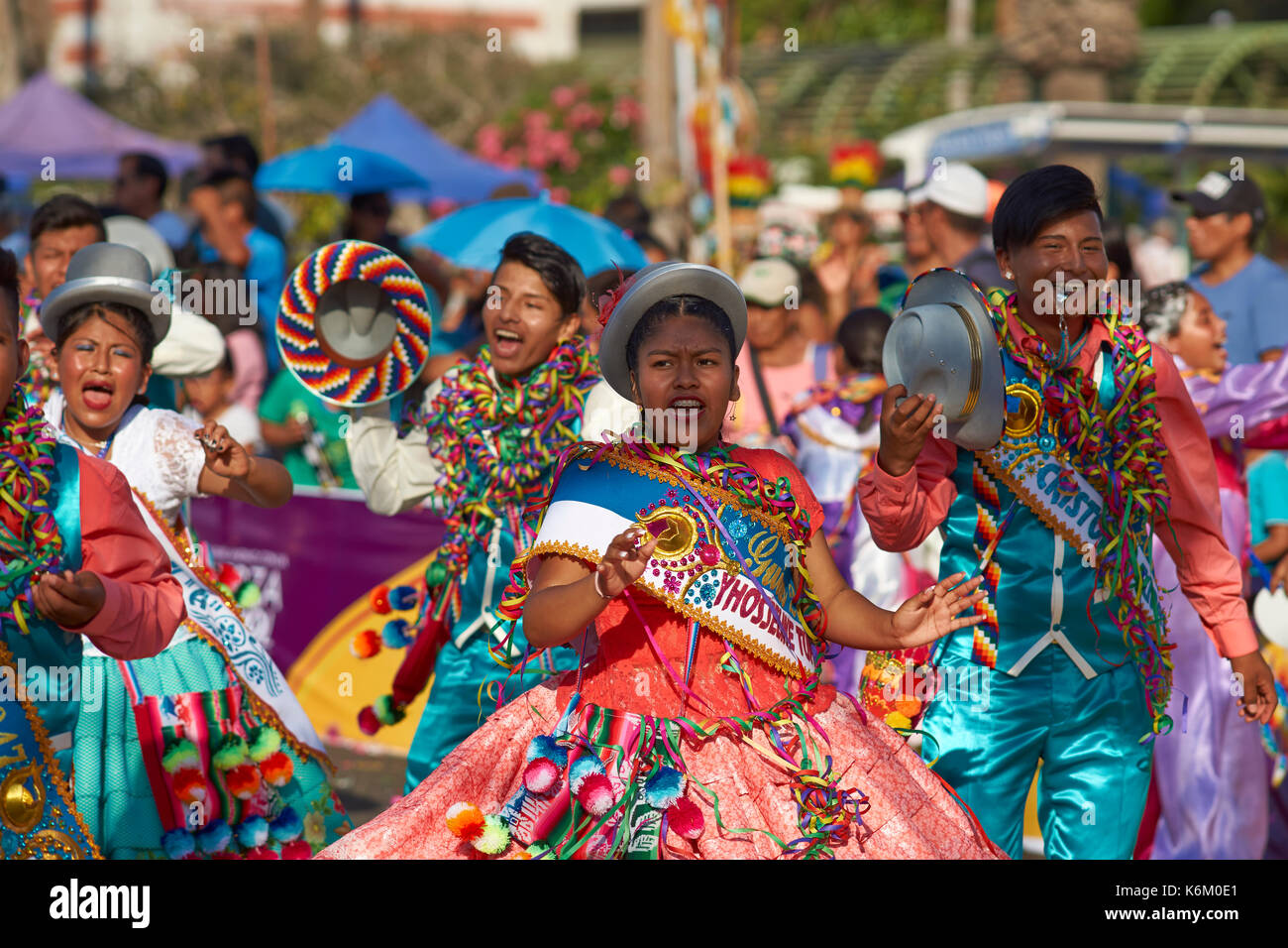 Pueblo dance group in ornate costume performing at the annual Carnaval Andino con la Fuerza del Sol in Arica, Chile. Stock Photo