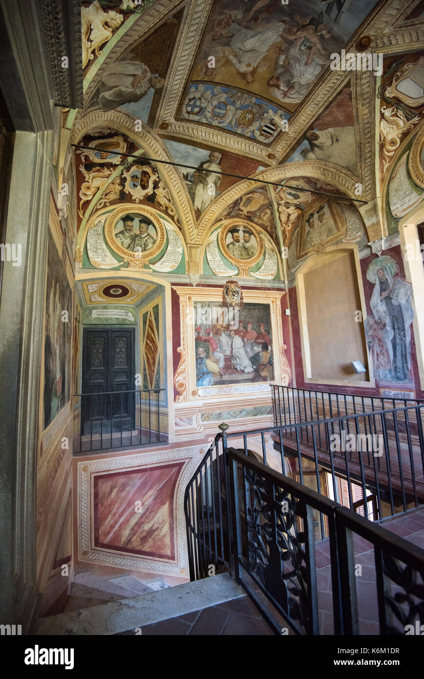 Stairs to the library at the Abbazia di Monte Oliveto Maggiore, Tuscany Italy Stock Photo