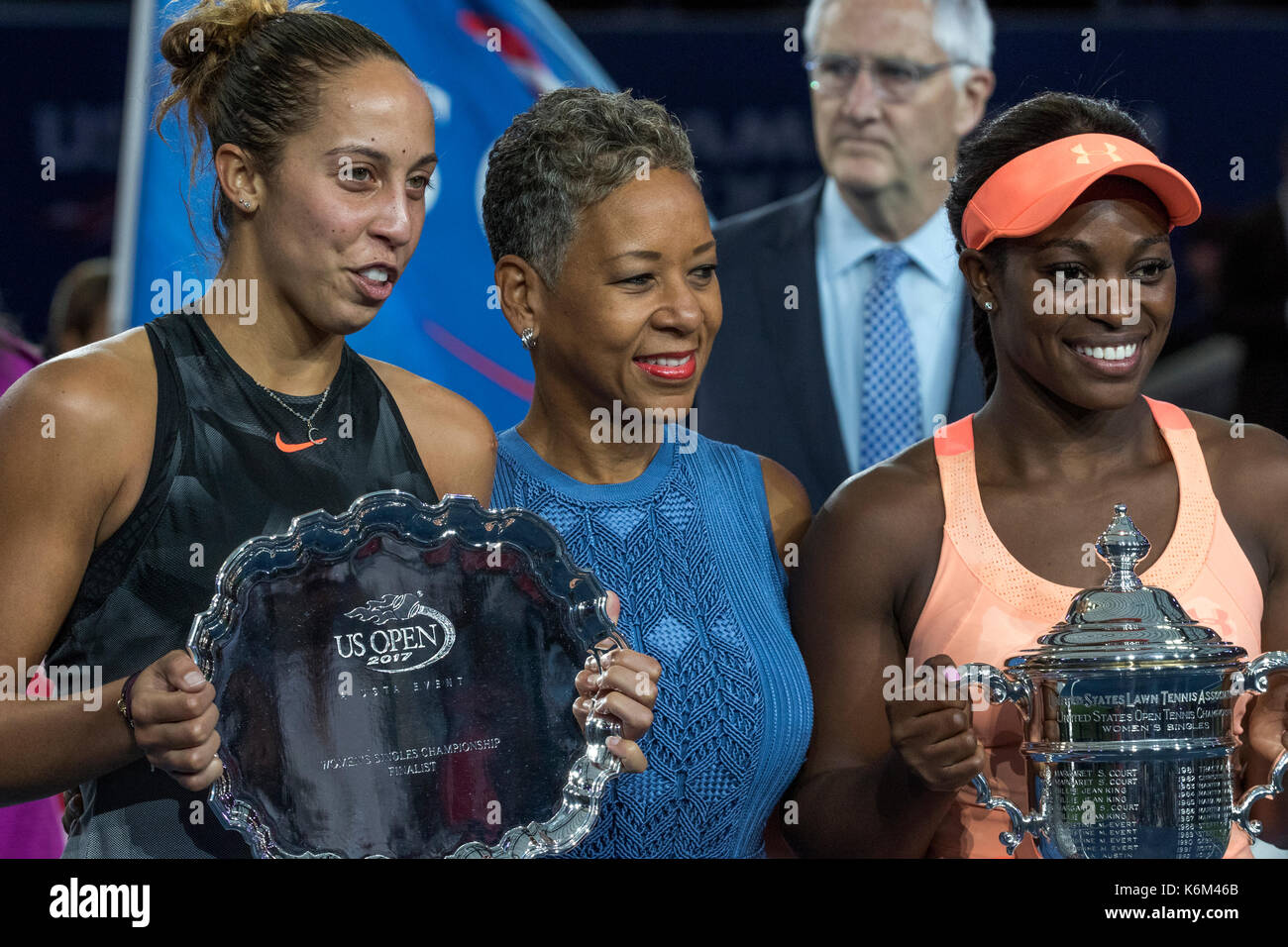 Sloane Stephens (USA) winner of the Women's Singles Final defeats Madison Keys with Katrina Adams CEO of the USTA at the 2017 US Open Tennis Champions Stock Photo