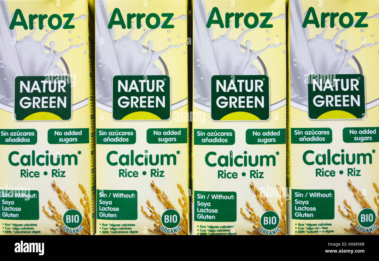 Gluten free rice milk in supermarket in Spain. Arroz is Spanish for