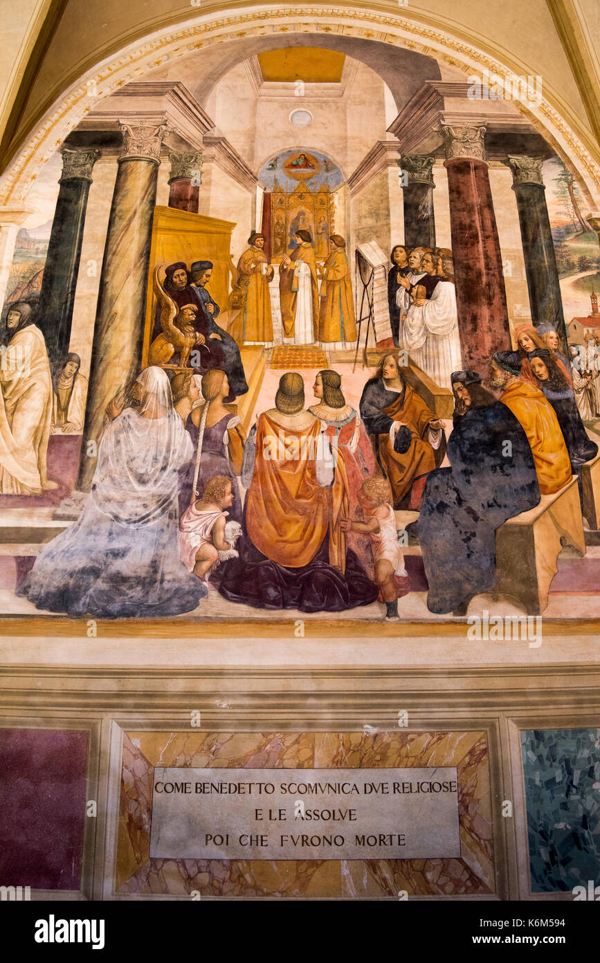 Fresco in the Cloisters of the Abbazia di Monte Oliveto Maggiore, Tuscany Italy Stock Photo