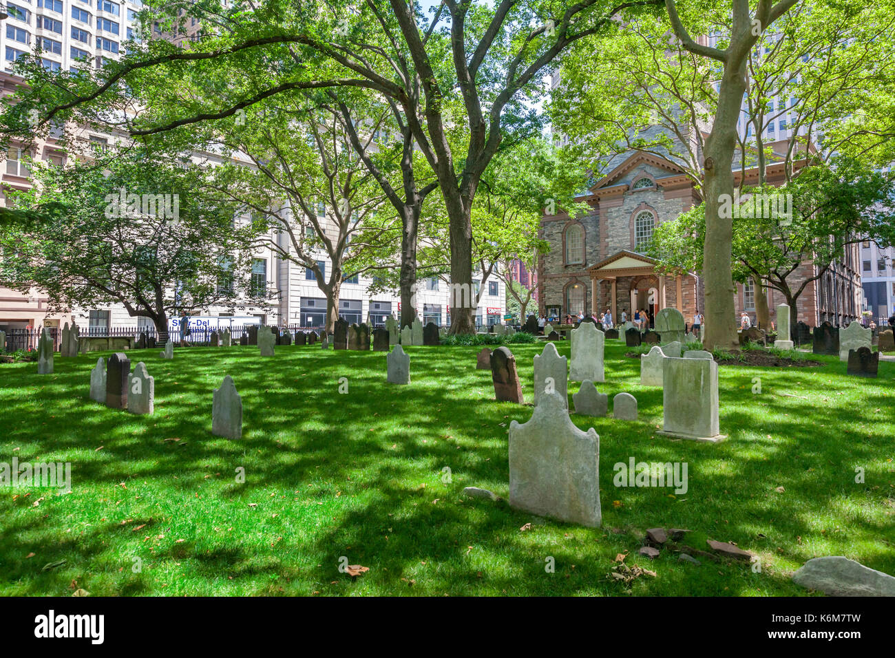 The graveyard, cemetery, behind St. Paul's Churchyard near the Freedom Tower with headstones from the 1700's. Stock Photo