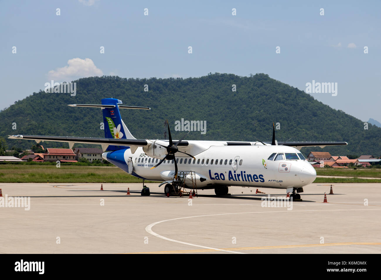 Lao Airlines aircraft is standing on a runway, Luang Prabang International Airport, Laos Stock Photo