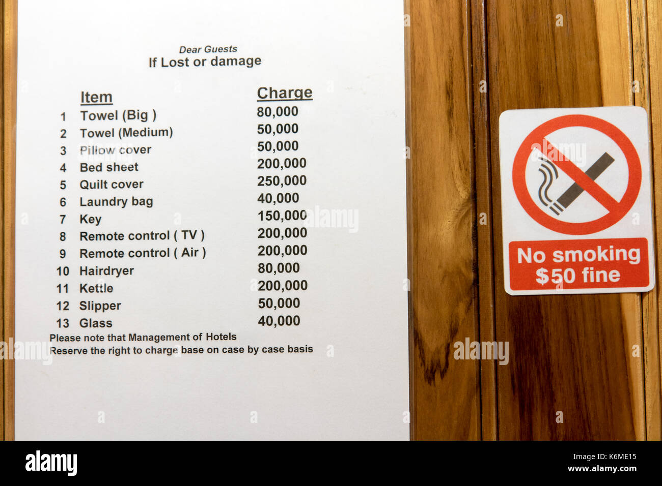 List of items in a hotel room with a quoted price in case of damage or loss, warning for guests. Stock Photo