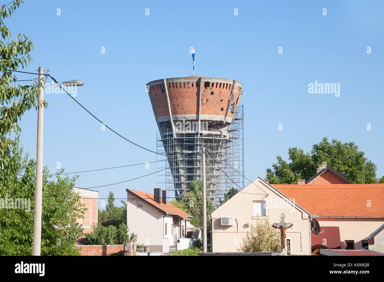 VUKOVAR, CROATIA - AUGUST 25, 2017: Water tower from Vukovar, with bullet and missile holes from the 1991-1995 conflict, which opposed Serbian to Croa Stock Photo