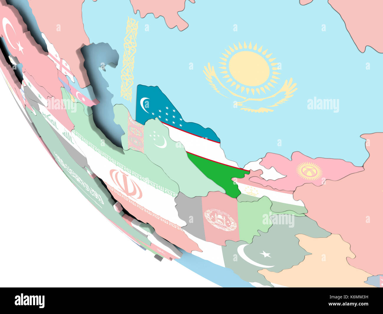 Uzbekistan on bright political globe with embedded flag. 3D ...