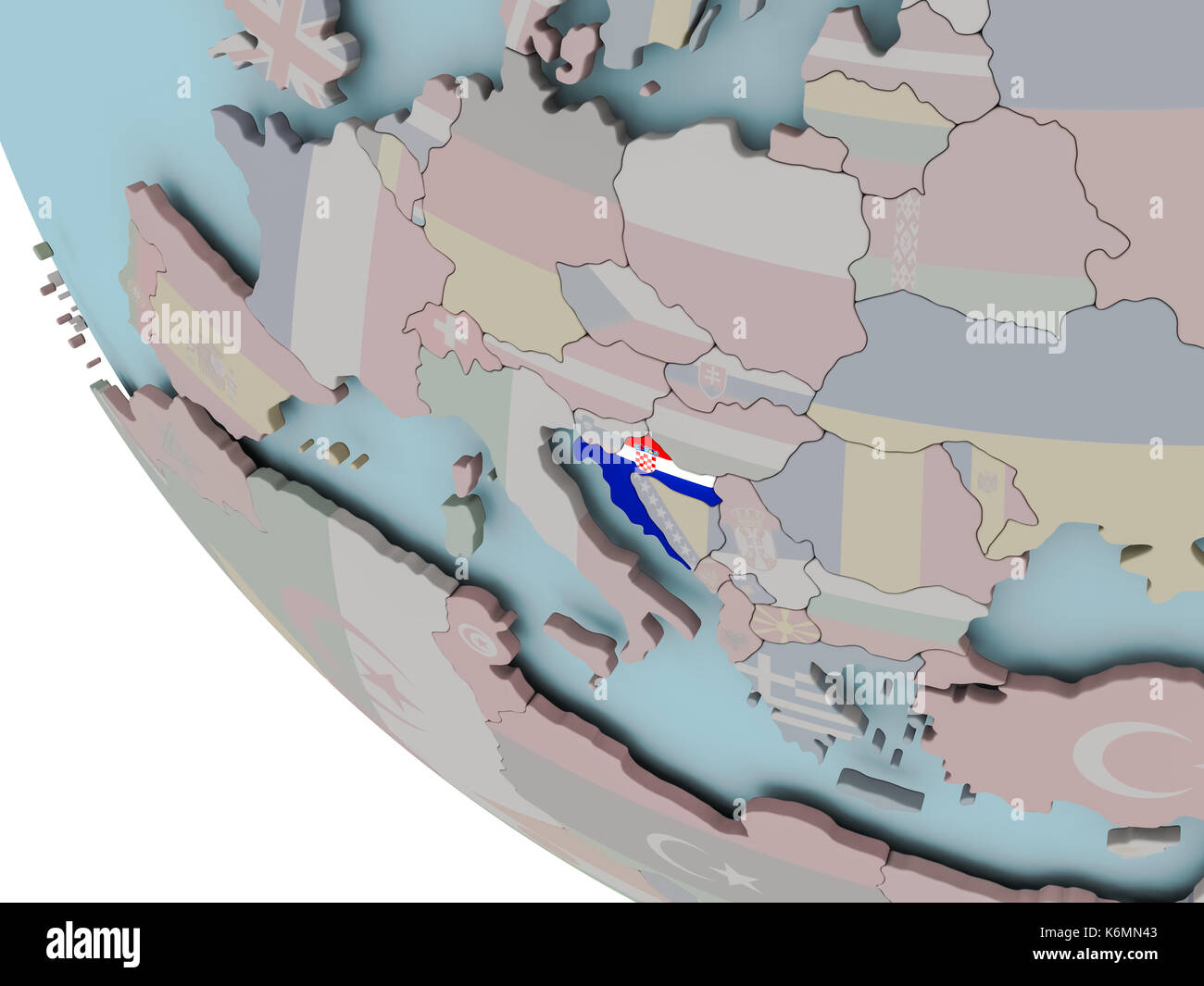 Map of Croatia on political globe with embedded flags. 3D illustration ...