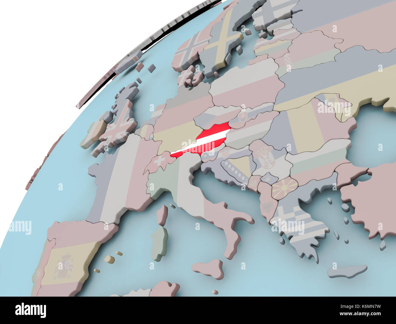 Austria on political globe with embedded flags. 3D illustration Stock ...