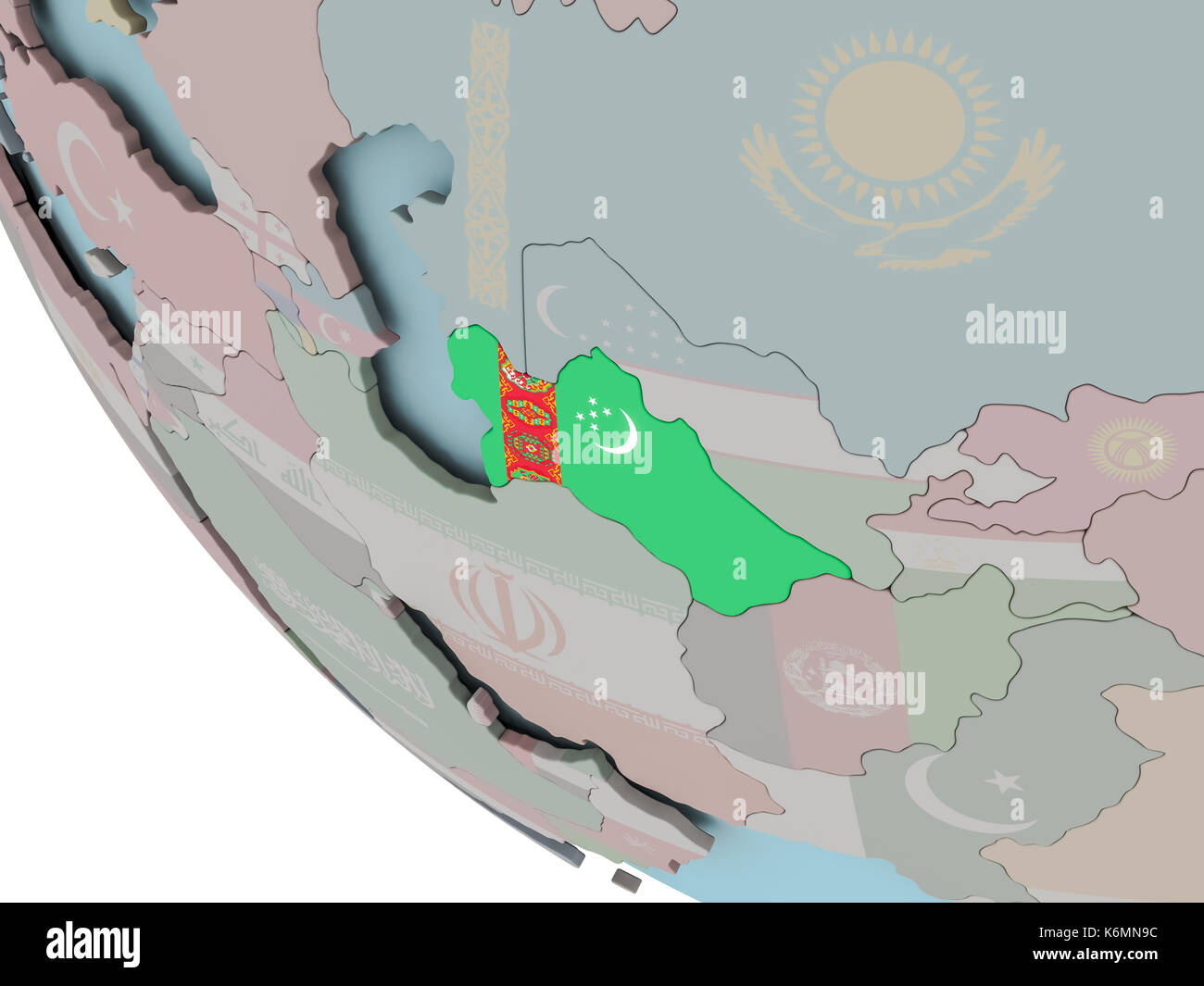 Map Of Turkmenistan On Political Globe With Embedded Flags 3D Map Of Turkmenistan On Political Globe With Embedded Flags 3d Illustration K6MN9C