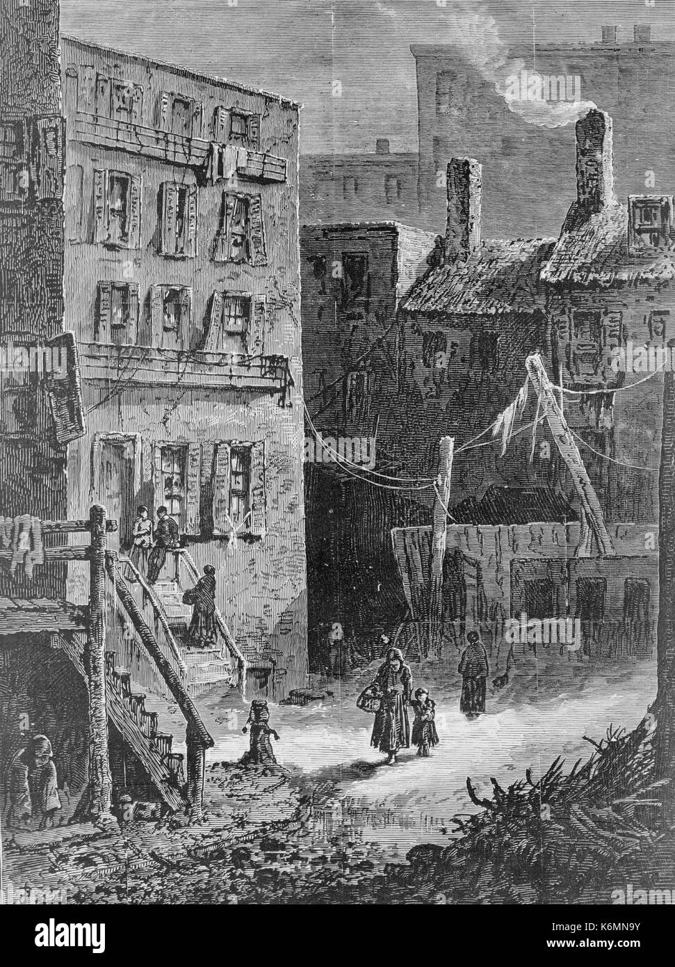 Sketches in the Metropolis - Our Homeless Poor - Early Morning in Donovan Lane, near Five Points. Homeless people in slum neighborhood. 1872 Stock Photo