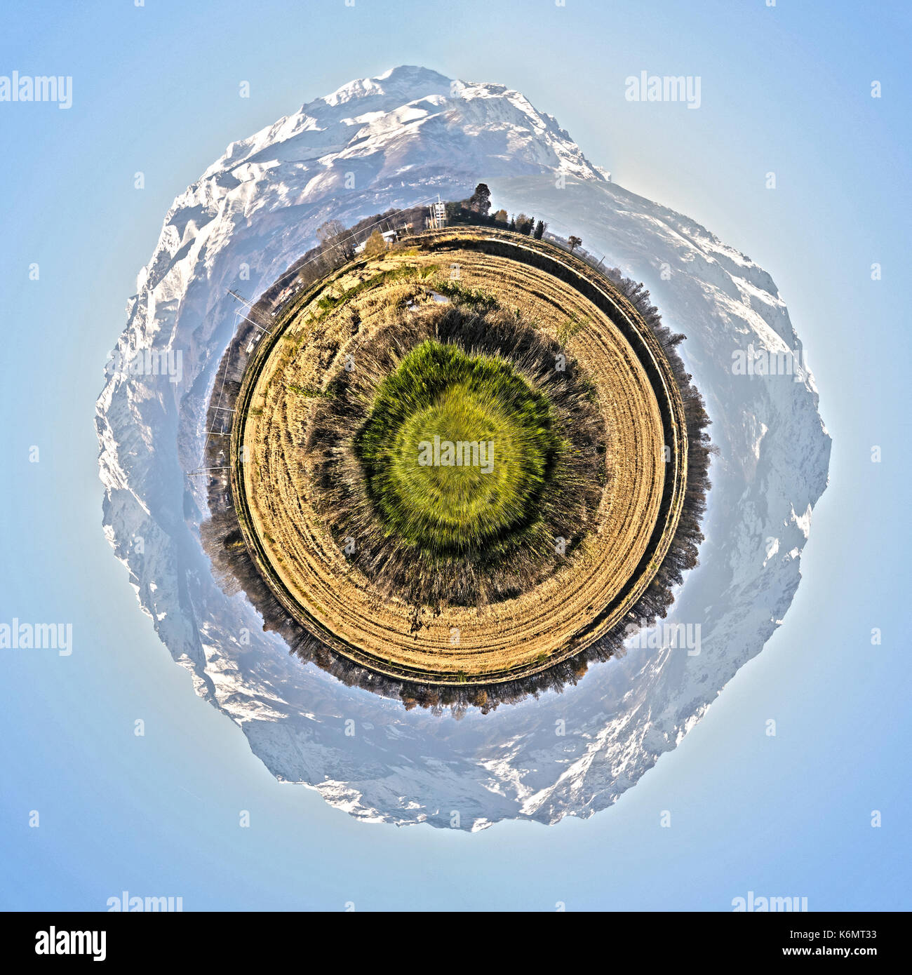 small planet with the countryside of the Po Valley and the Alps Stock Photo