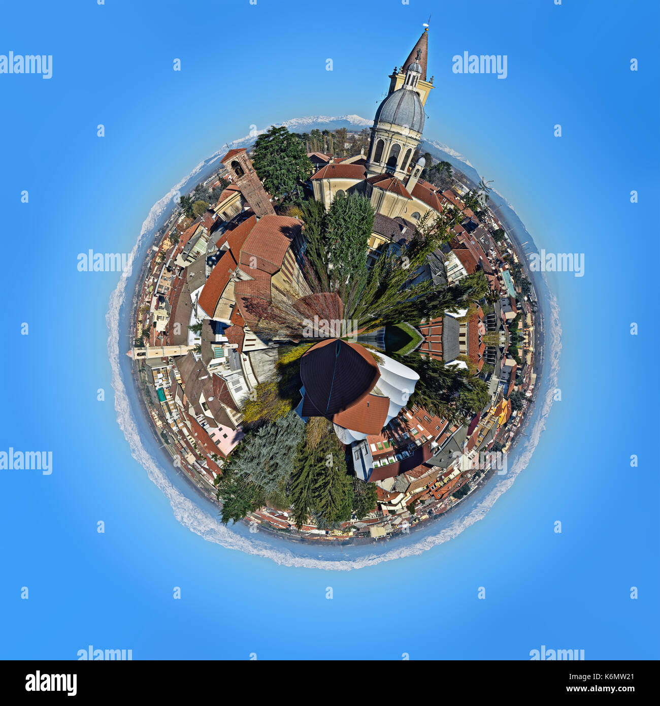 small planet consisting of palaces and buildings of the village of Trecate, a country in Italy Stock Photo