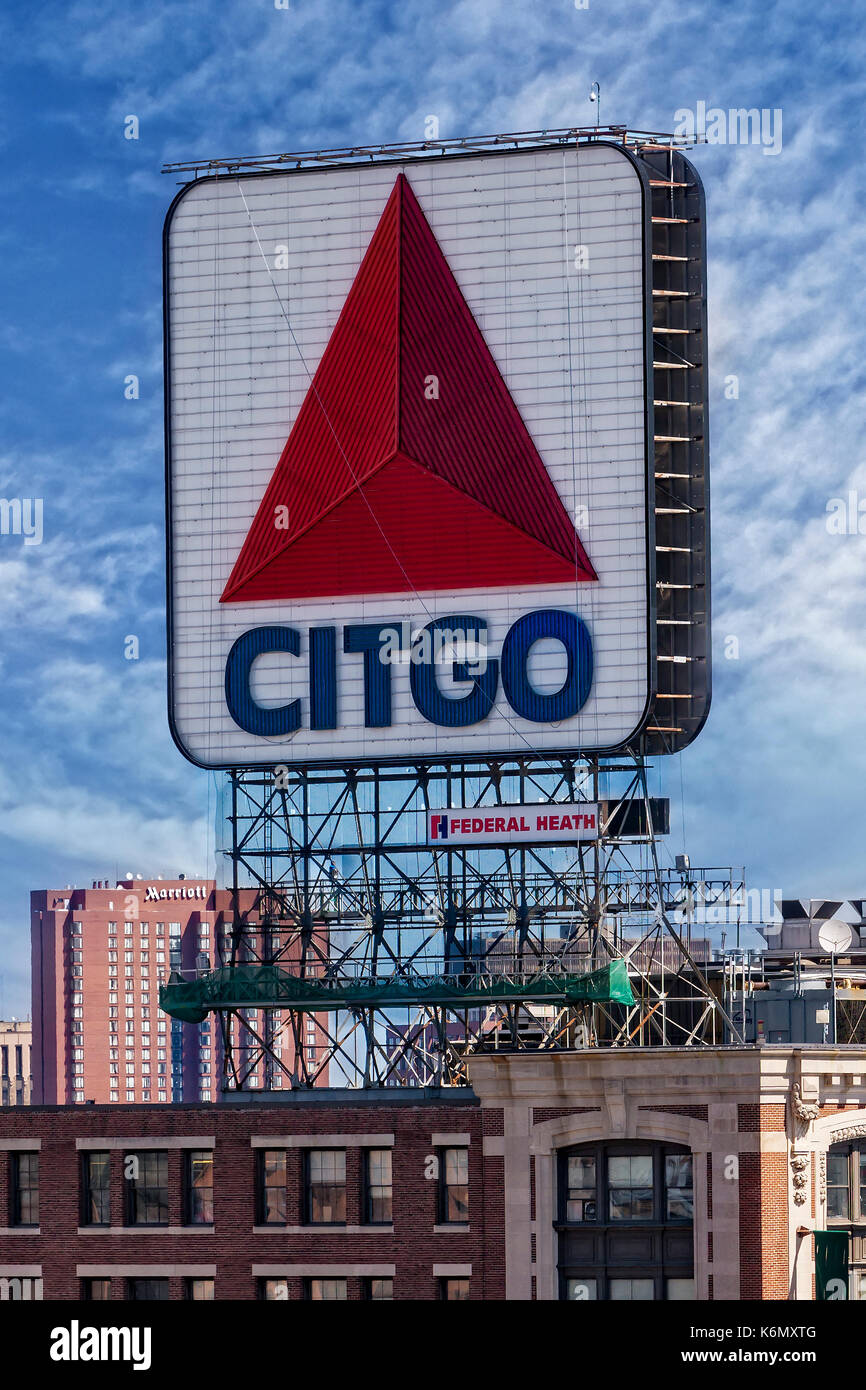 Citgo Sign Kenmore Square Boston - The iconic Citgo sign is the main landmark of  Kenmore Square in Boston, Massachusetts. The CITGO sign has been a part of the Boston skyline since 1940. Located at 660 Beacon Street, it is a large, double-faced sign featuring the logo of oil company Citgo and it overlooks Kenmore Square. It has become a famous landmark, partly because of its appearance in the background of televised Red Sox baseball games. Stock Photo