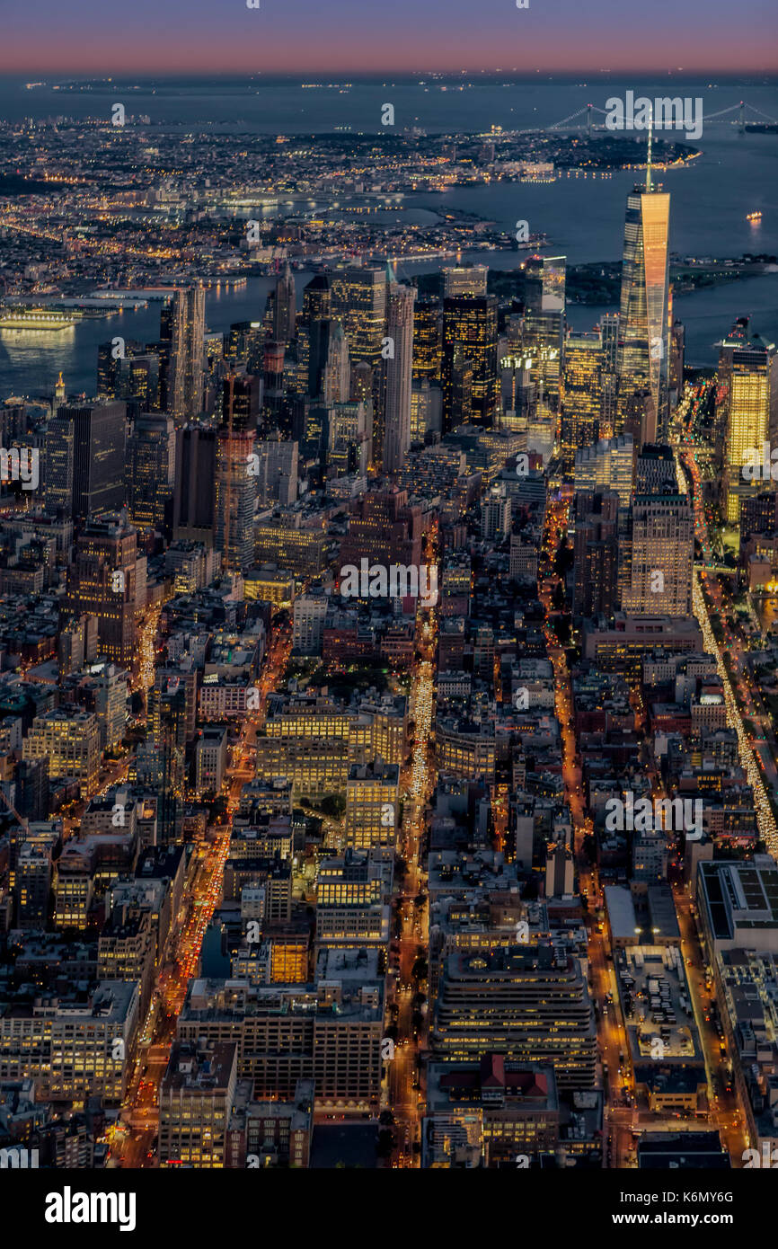 Freedom Tower WTC Aerial View - Aerial view during the last light after sunset to lower Manhattan and the One World Trade Center Tower commonly called Stock Photo