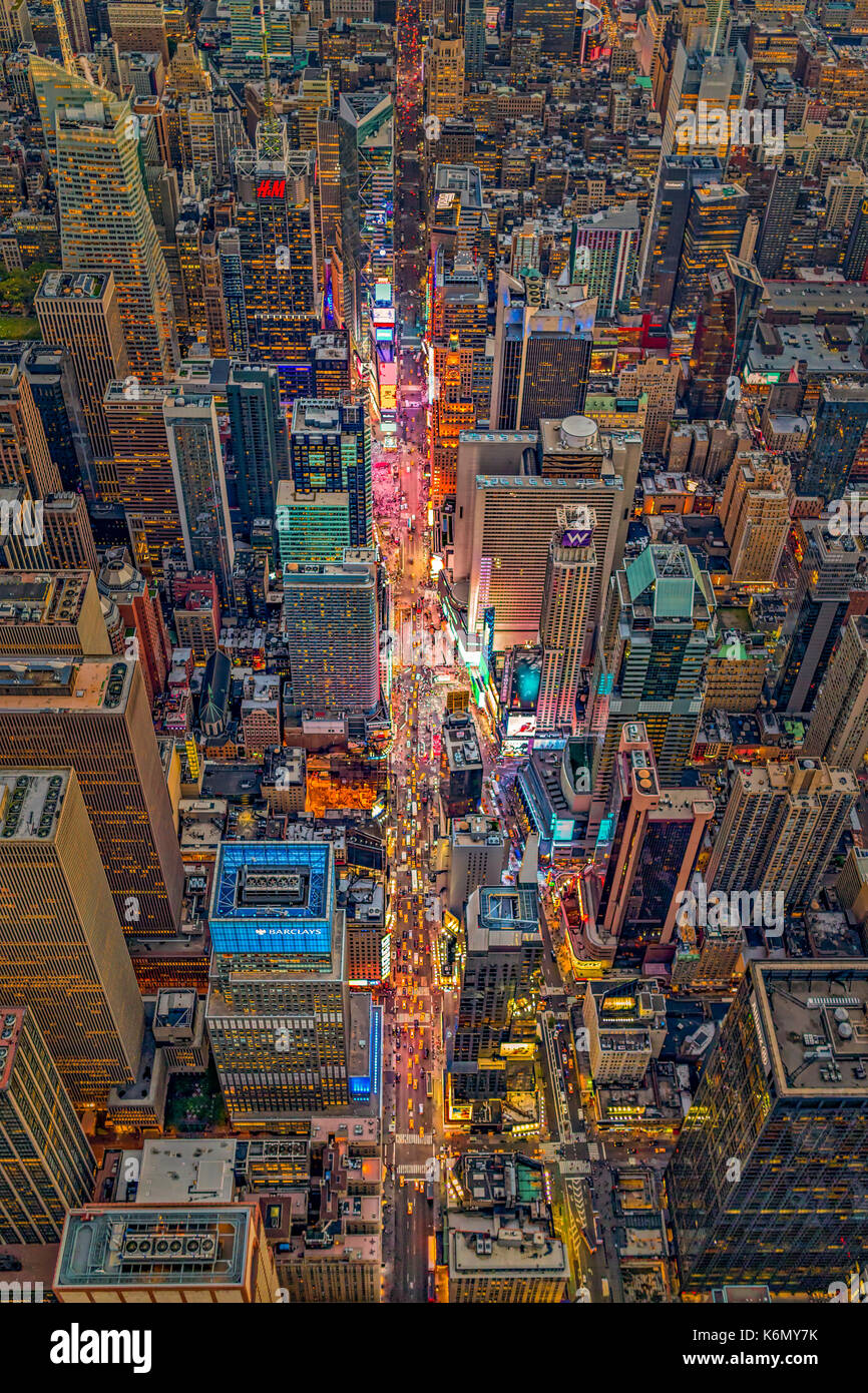 Aerial Times Square New York City  - Aerial view at night to the iconic landmark of Times Square in 42nd Street in midtown Manhattan in NYC. Also seen Stock Photo