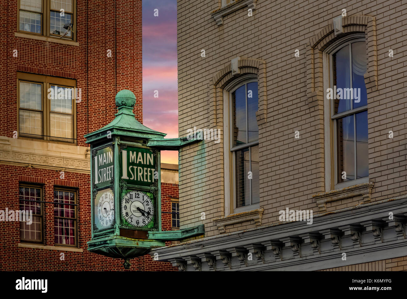 1 Main Street Clock - Vintage clock on Spring Street and Main Street in the Historic District of Newton in Sussex County, New Jersey. Stock Photo