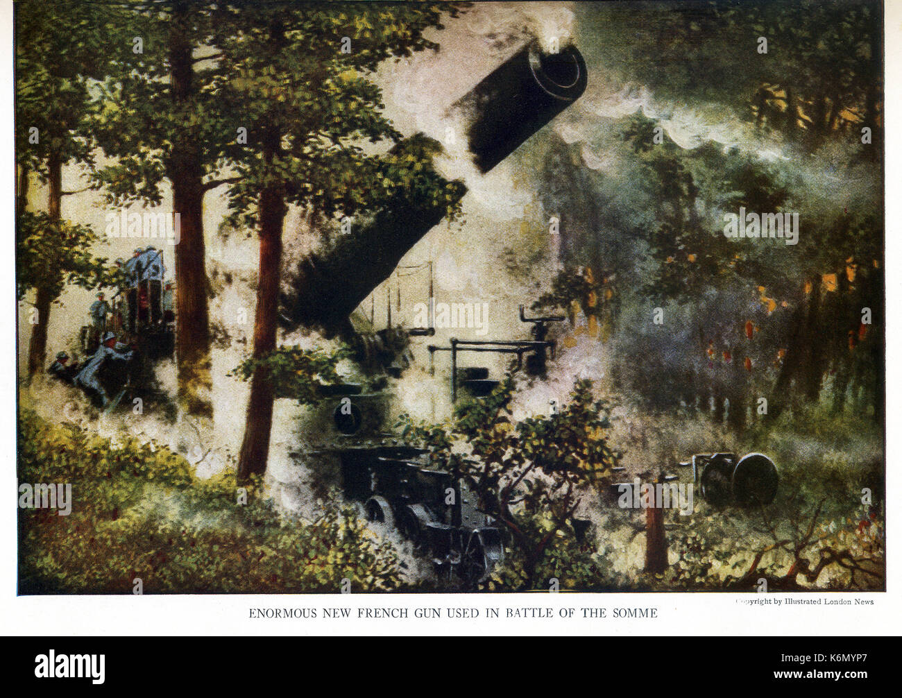 This illustration from World War I shows an enormous new French gun used in Battle of the Somme. The Battle of the Somme was one of the largest battles of the war. It was fought between July 1, 1916, and November 1, 1919, near the River Somme in France. It is also one of the bloodiest battles in military history. Stock Photo
