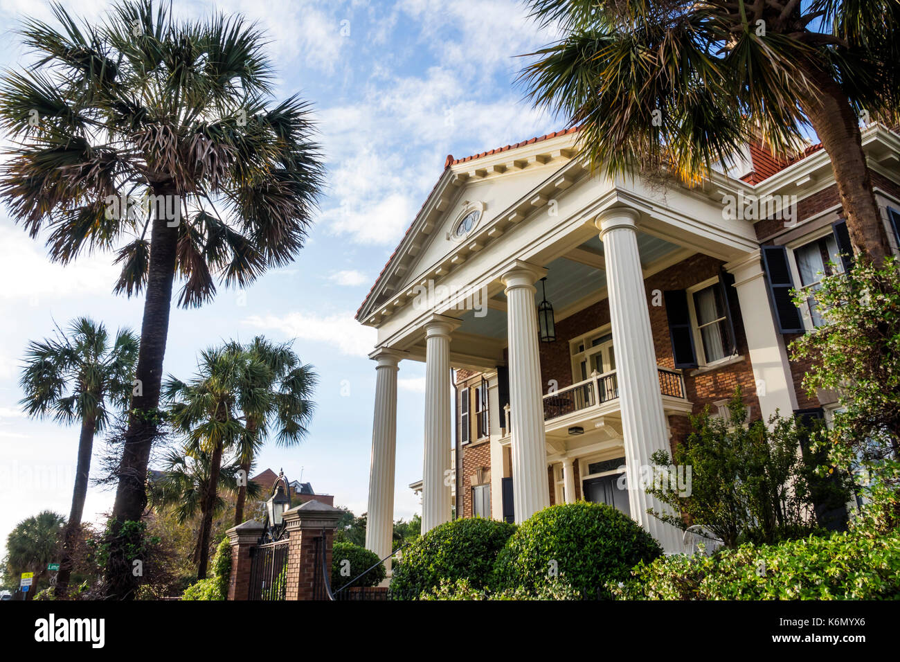 Charleston South Carolina,South Battery,Colonial Greek Revival,architecture,house home houses homes residence,portico,columns,garden,palm tree,histori Stock Photo