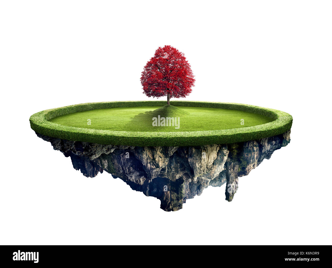 Amazing island with red tree floating in the air isolated with white ...