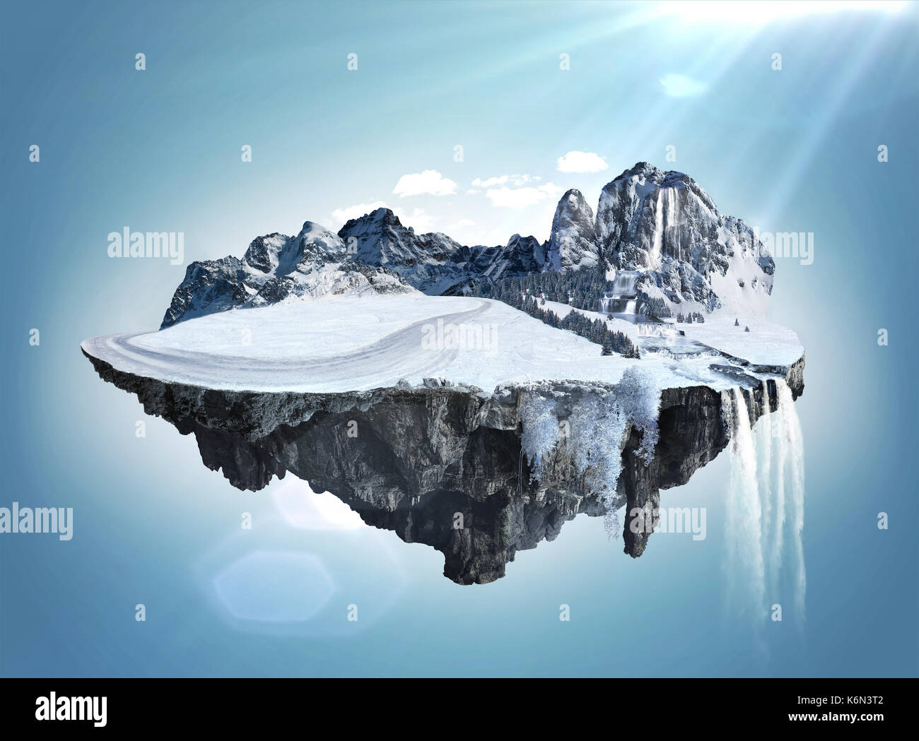 Amazing winter island with grove floating in the air with water fall and snow under lovely sun Stock Photo