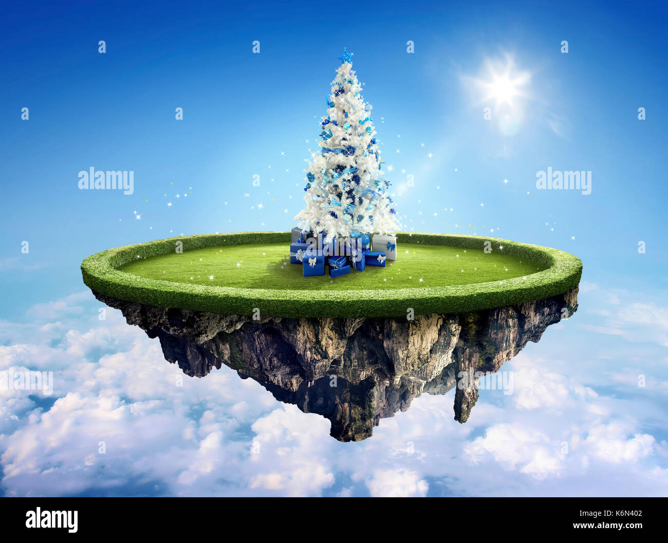 Amazing fantasy scenery with floating islands with white Christmas tree Stock Photo