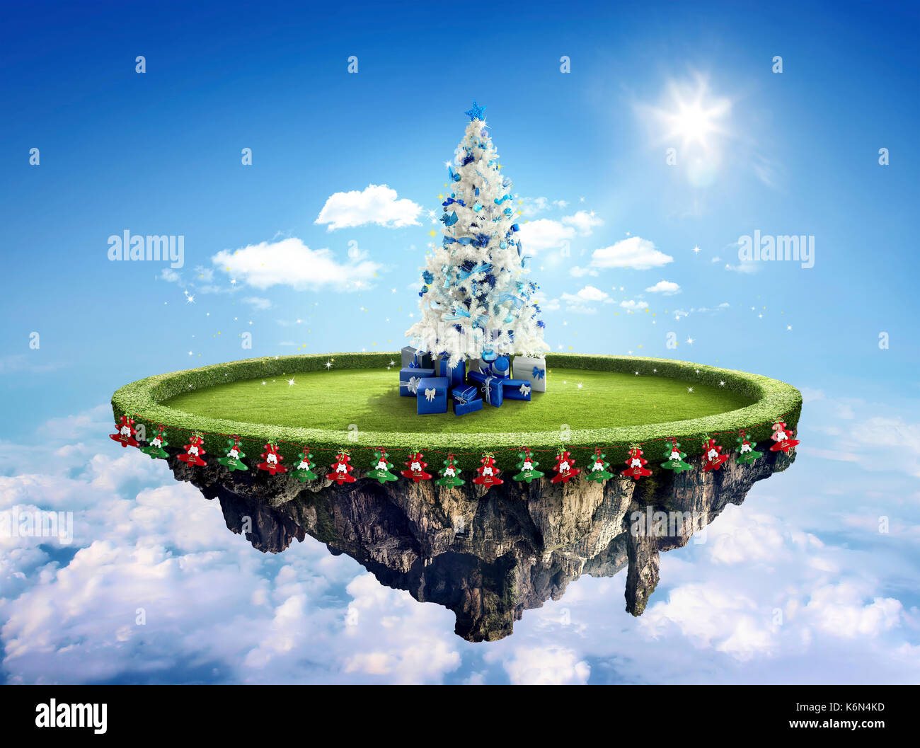 Amazing fantasy scenery with floating islands with white Christmas tree, hot balloons and decoration Stock Photo