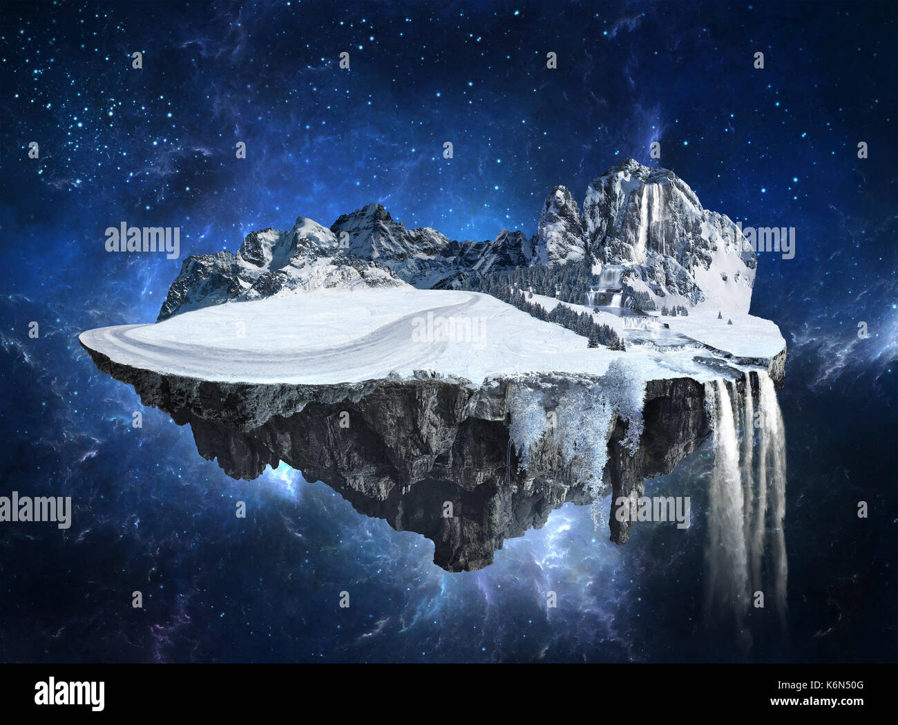 Magic winter island with floating islands, water fall and snow Stock Photo