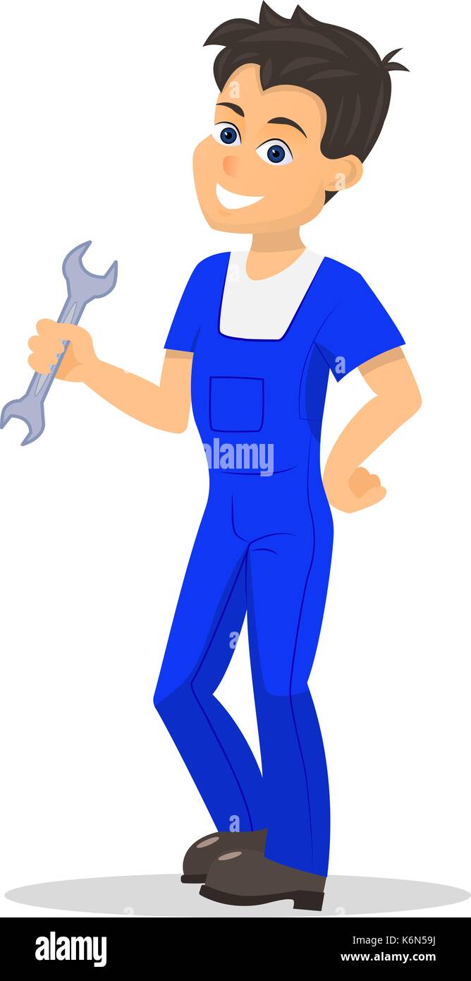 Vector cartoon handyman man wrench Stock Vector
