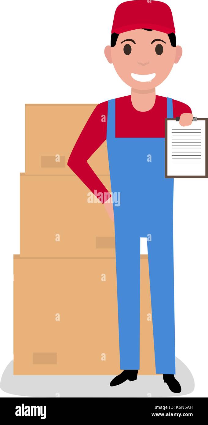 Vector cartoon delivery man with cardboard boxes Stock Vector