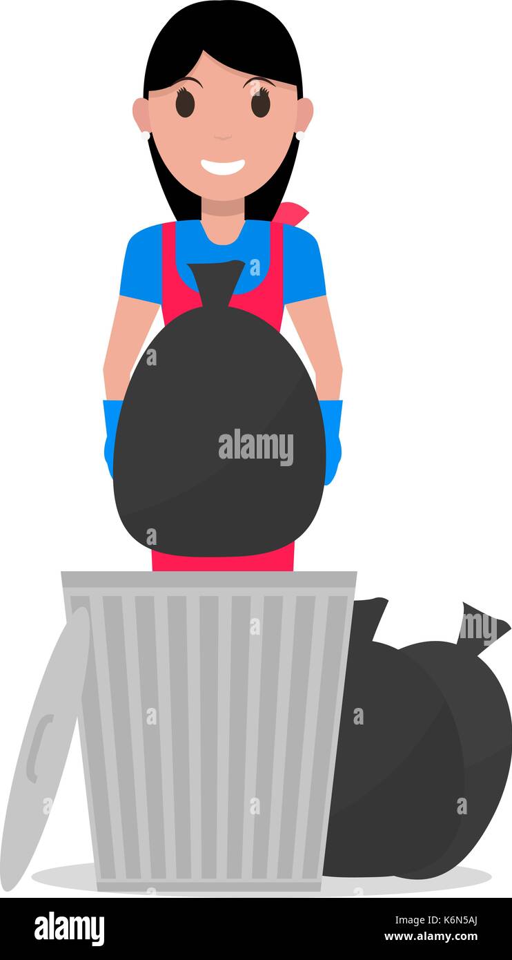 Vector cartoon girl takes out bag garbage Stock Vector