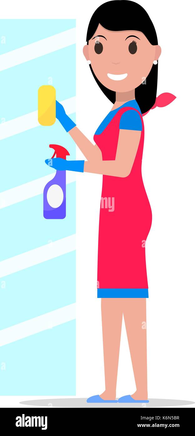 Vector cartoon girl rag detergent washes glass Stock Vector