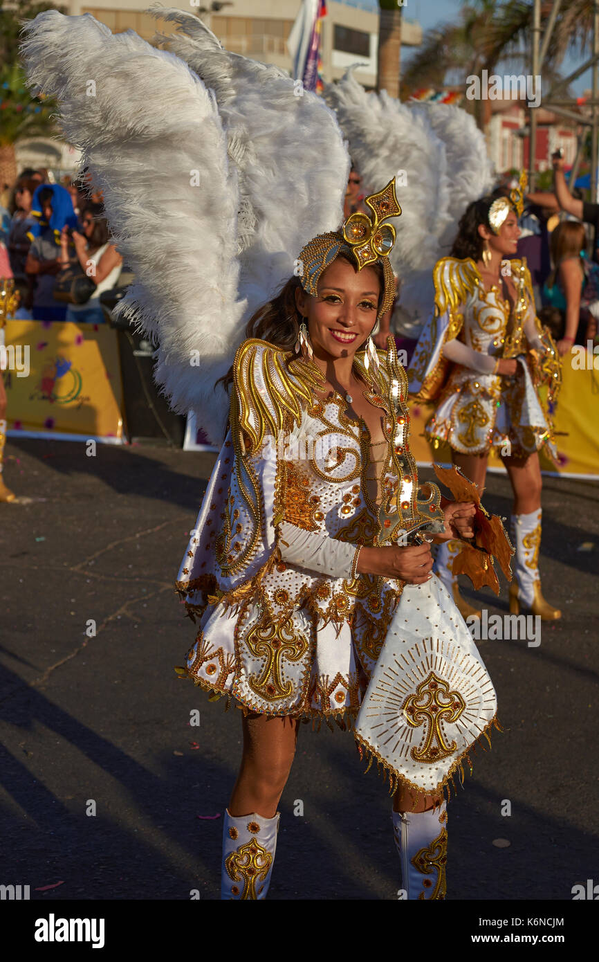 Female member of a Diablada dance group in ornate costume performing at the  annual Carnaval Andino con la Fuerza del Sol in Arica, Chile Stock Photo -  Alamy