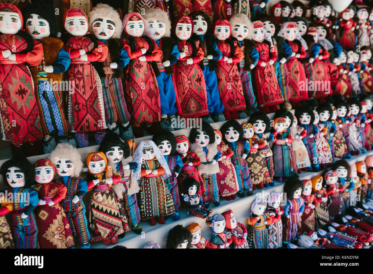 Dolls in Armenian national costumes. Flea market Vernissage Yerevan, Armenia Stock Photo