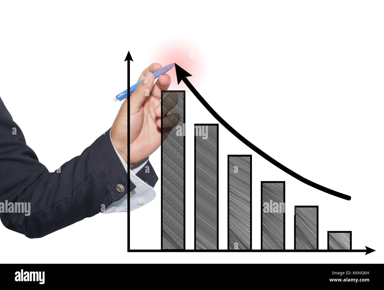 hand of businessman use blue pen point to top graph and black arrow in ...
