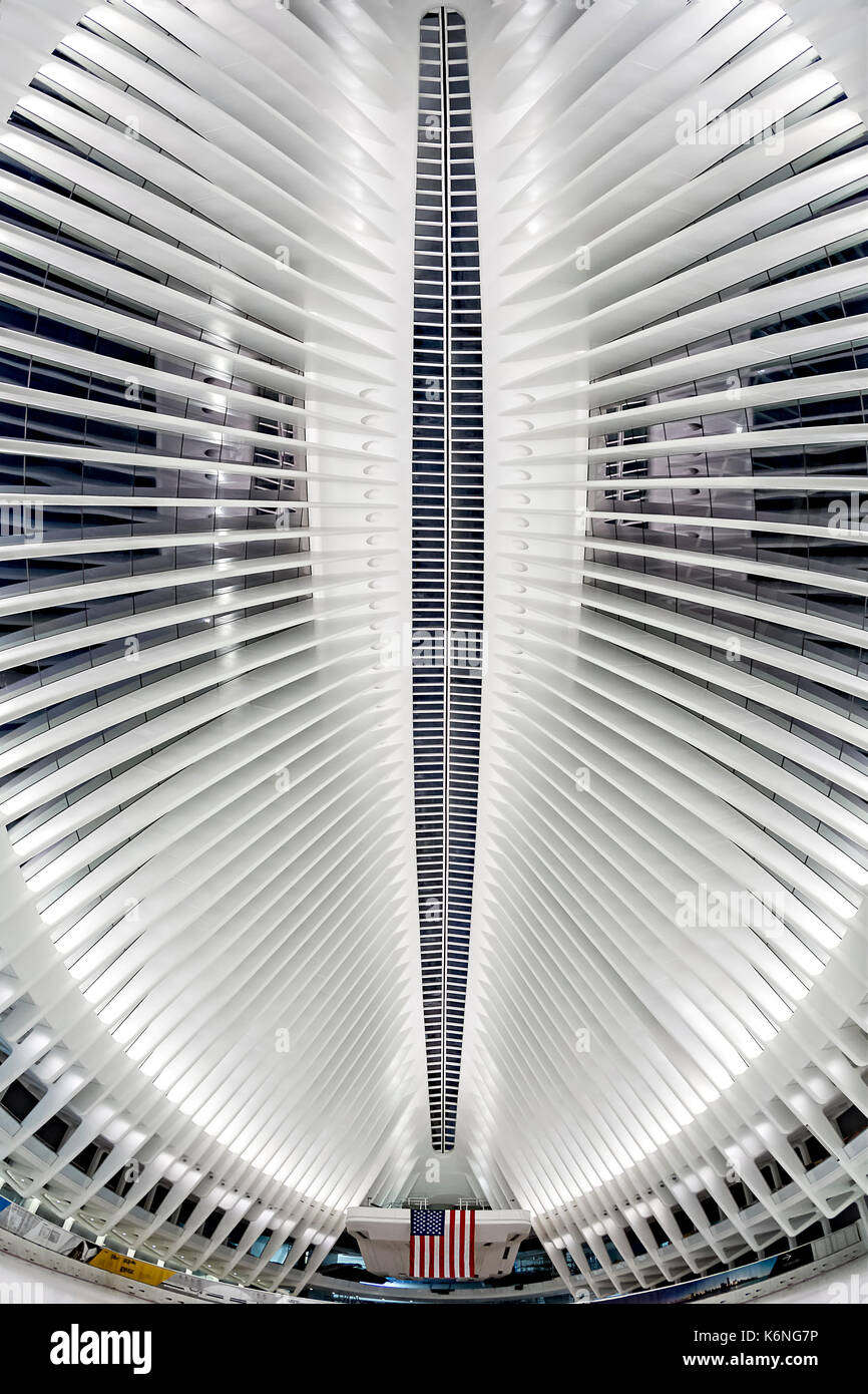 Oculus World Trade Center WTC Skylight - The cathedral like pavilion at 4 World Trade Center in lower Manhattan in New York City.   This airy, white a Stock Photo