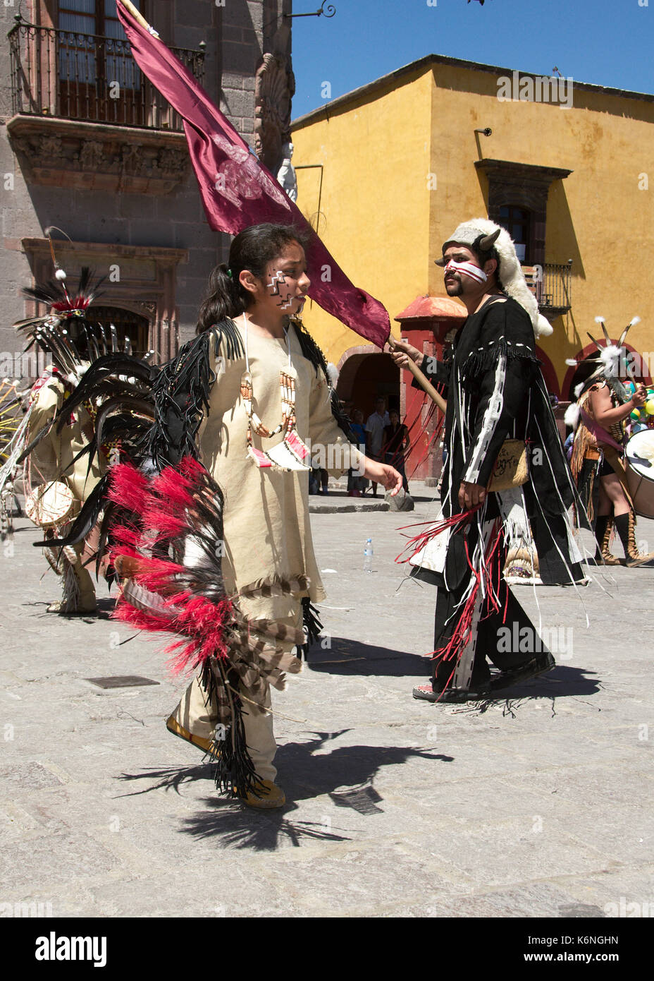 San Miguel de Allende, Guanajuato, Mexico - 2013: People perfom a traditional dance at the town's zocalo Stock Photo