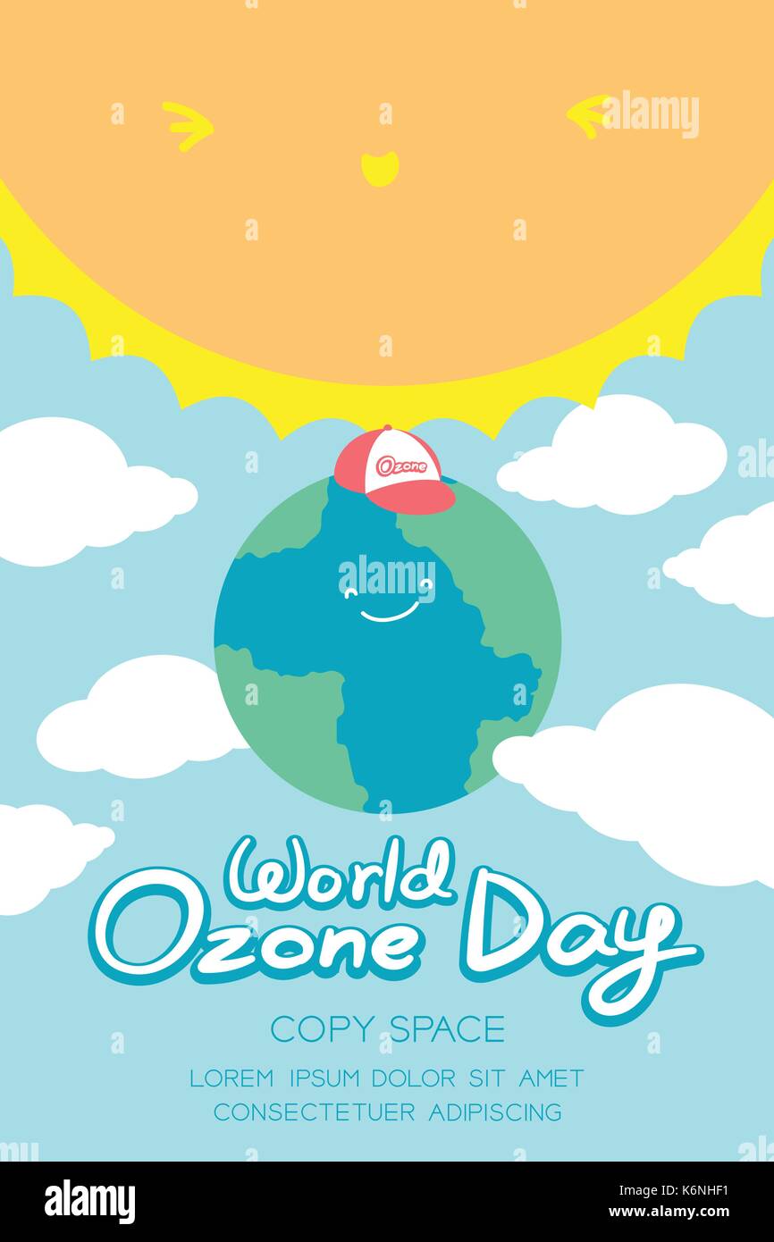 World Ozone Day 16 September vertical Banner set, Global warming concept smile earth with cap protection, sun, sky and cloud illustration isolated on  Stock Vector