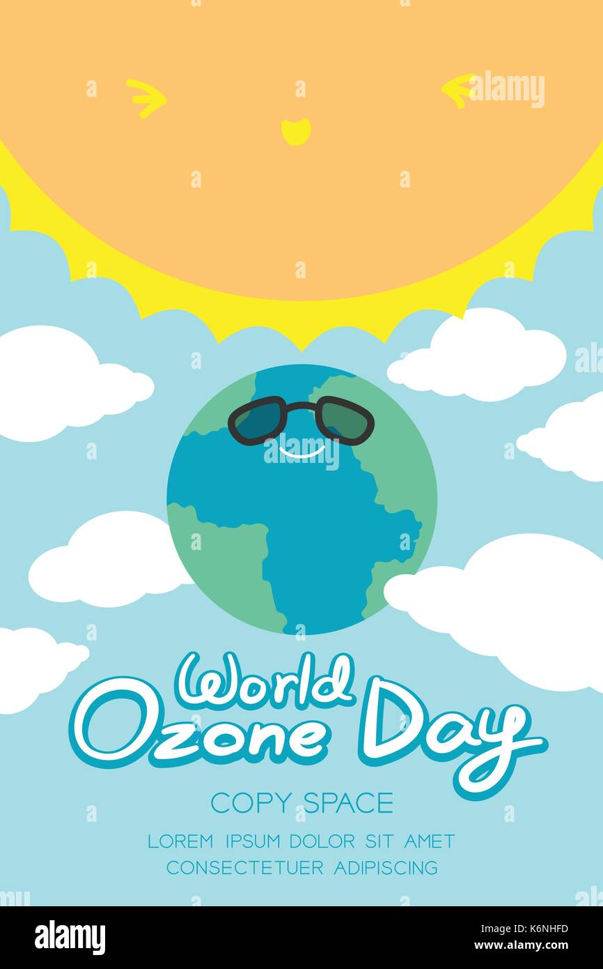 World Ozone Day 16 September vertical Banner set, Global warming concept smile earth with sunglasses protection, sun, sky and cloud illustration isola Stock Vector