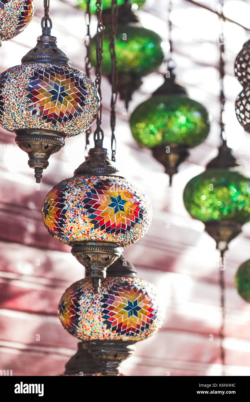 Beautiful traditional handmade turkish lamps in souvenir shop. Mosaic